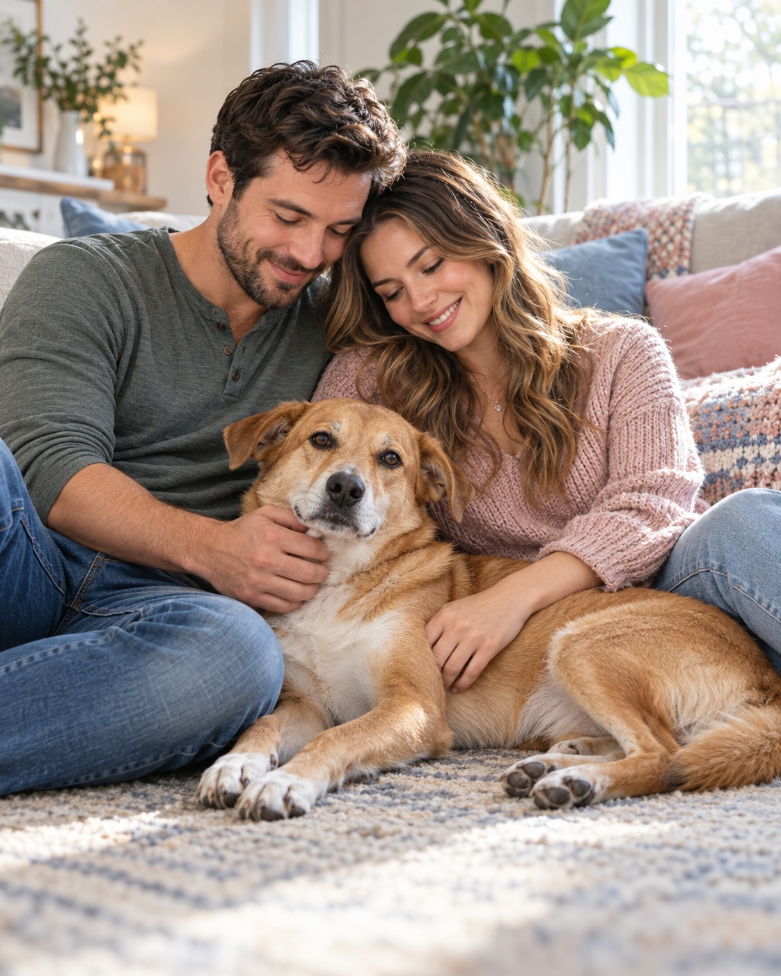 A relaxed dog resting between its loving owners in a bright home
